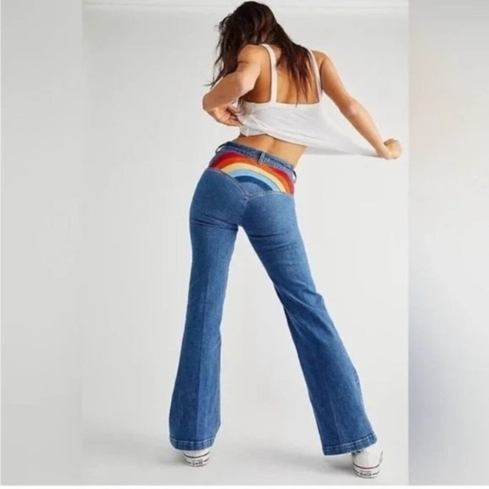 Free People We The Free Somewhere Over The Rainbow Flare Blue Jeans 23210 - Picture 4 of 14